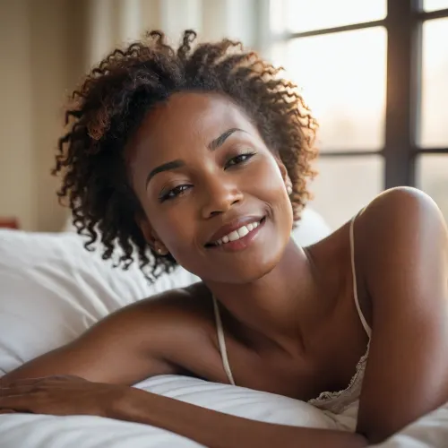 skinny black african woman, 50 years old, laying in bed, eyes closed, smiling, sunset shining through window