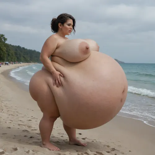 tear drop body shape, ssbbw, huge belly, vore belly, stretched belly, belly expansion, hyper belly, lumps in belly, full body, (Serleena from men in black 2), ass, beach, big ass, (hyper belly:1.3), hyper breasts, (hyper pregnancy:1.2), pregnant, pregnant belly, pregnant female, ready to pop, nude beach, public nudity, casual nudity, thick body, (ssbbw:.5), (vore belly:1.2), side profile, belly overhangs body, (belly sagging:1.1), belly stretch, belly hanging to feet