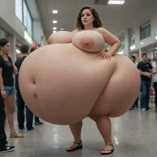 wide hips, thick thighs massive ass, brunette, nude, vore, same size vore, (gigantic vore belly:1.3), belly as big as a person, lumps in belly, round belly, squirming belly, heavy belly, hands on belly, xray of person inside of the belly, person inside of belly, view of person inside of the belly, massive breasts, thick thighs, ((full body angle:1)), (public nudity:1), people in the background