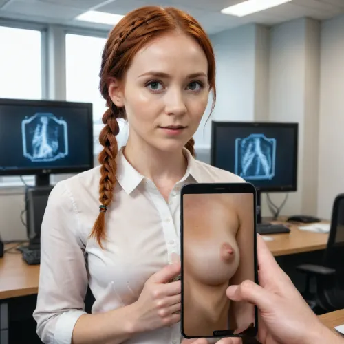 short petite redhead, braids, small_boobs, flatchested, social worker in an office, fully dressd, x-ray mobilephone is in front of the body, casual 32 yo, majikfone, <lora:Magikfone_XL_0.4:1.8>