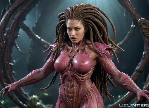 queen of blades from starcraft, fucked by male zerg, thick curvy hourglass naked body, giant perky breasts with large areolas, breast expansion, inflated belly, queen of blades, hyper wide hips, massive giant perky tits, giant fat ass, surprised face, spooning vaginal sex, (alien monster fucking girl's pussy:1.3), ultra realistic, precum, masterpiece, best quality, in a space ship, science, fiction, woman, dreadlocks, z3rg, monster, tentacle, purple, <lora:add-detail-xl:.8>, <lora:SDXLHighDetail_v6-000005:.8>, <lora:InfestedKerrigan1024:1.6>, <lora:derv-z3rg-SDXL-CIVIT:.9>