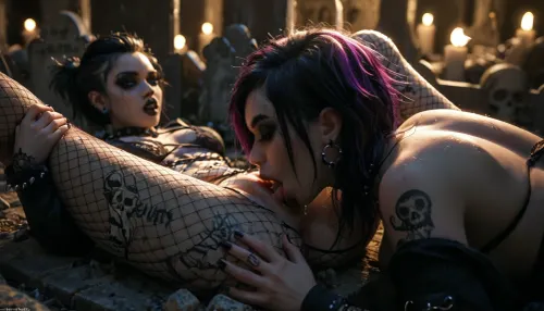 (panoramic), 8K UHD, realistic masterpiece, maximum quality, maximum details, maximum realism, score 9, score 8 up, score 7 up, (cemetery, crypt, skulls), (gothgirl), (goth fashion, punk, fishnet tights:1.2), (pussy licked, lesbian, cunnilingus), (laying on back, arms spread, legs spread), (bound by ropes:1.2), Endless_Up_SDXL_Neg, aw0k, illuminate, sggirl, emo, tattoo, pale, cold, lighting, blue, hair, red, purple, <lora:MJ52:1.4>, <lora:dark:1.4>, <lora:mjilluminate-000010:.9>, <lora:SG_emo_girl_SDXL:.9>