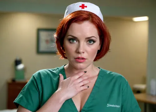 A nurse very strong big milf, short bright red hair, (very wet hair), chubby very powerful strong body, very big strong shoulders, Very strong wide forearms.A very strong very powerful broad-shouldered woman.Brown eyes.A closed green surgical uniform of a nurse with half-covered shoulders, a gray dirty bra is visible, (saggy boobs), .Large wristwatch on a wide wrist.
Very big lips.A very wide, experienced mouth of a skilled cocksucker.A very lustful, slutty look. The eyes of a real whore.The woman really wants to fuck and suck.
Very freckled.She look from under his brows and frowns.
super realistic
