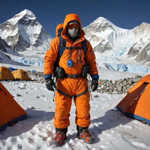(super masterpiece:1.3), and, (ultra realistic:1.4), (ultra high quality:1.4), ((a mountaineer at Everest base camp)), professional high mountain climbing gear, insulated suit with weather resistant outer layer. He is wearing intricately detailed EVEREST SUMMIT GORE-TEX boots. Technical climbing gear, . Heavy duty gloves. Oxygen mask around his neck. Polarized goggles on his forehead. Weathered face showing determination. Detailed snow textures with footprints and various crystalline structures. Wide panoramic view of the entire Everest base camp. Multiple colorful tents in organized groups. Prayer flags flapping in the wind, Dramatic lighting with the harsh sunlight of the mountain casting long shadows. Crisp atmosphere. Cinematic composition. Sharp focus. 8K resolution. Hyper-detailed atmospheric perspective showing scale. Epic mountain photography style.