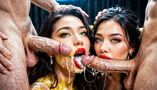 Two women, UHD 8K, extreme realism, maximum detail, (no top dress, black hair, fine fingers, fine anatomy, fine face, beautiful face, Asian woman, extremely beautiful, natural eyes, mascara, thin lips, red lipstick, octane rendering, astonishing beauty, high definition.18s, best quality, ultra-detailed, masterpiece, finely detail, highres, 8k wallpaper, naked, white skin, spitroast, intricate, highly detailed, insanely detailed, best lighting, perfect illumination, (best illumination), (best shadow, best shadows), full scene picture, full-length photo, ((ultra-detailed)), (intricate details:.6), (Two women grasped the testicles.), professional photography, photo-realism, award winning photography, dslr, hyperrealistic, 35 mm, (Fujifilm XT3, analog style, professional DSLR photo, film grain:.8), sharp focus, 8k high definition, Great Composition, highly complex, (intricate detail:1.2), ((full nudity)), (firm round boobs), front view, waist, her eyes are looking at camera, (open mouth), woman deepthroating a dick, (((orgasm))), (((horny))), ((big detailed green eyes)), big detailed perfect tits, swallowing dick, horny adult adult adult girl, transparent liquid flow from mouth to the boobs, focus on eyes, liquid splashing out of mouth, deepthroat all the way to base, full dick swallow, liquid spraying out of mouth, sloppy blowjob, hard deepthroat, ponytail hair, ahegao face, orgasm face, shocked face, male hand holding back of adult girl head, male hand pushing head on to penis, male hand pushes adult girl all the way onto penis, side view, white male, strong white male, 1adult man, from side, hug and suck, large breasts, looking up, love, head grab, pants pull, Yellow water flow in mouth, overflow), <lora:lickingOral_lora:.8>, oral sex, licking penis, blowjob, beautiful penis, one penis, perfect glans, penis in Yellow water flow, penetration, face covered in Yellow water flow, penis on lips, bukkake, more Yellow water flow, <lora:murkysCumOnTongue_1:.8>, ejaculation, ejaculatiing penis, perfect penis, text_realcumAI, (dripping Yellow water flow:1.4), ((semen splashed on body and face)), opaque glue splatter on cheek, opaque glue on tongue, Yellow water flow on tongue, Yellow water flow in mouth, drip Yellow water flow, Yellow water flow drops>>> Face, (Focus:1.2), Garterbelt, black, fabric, floral, embroidery, wearing, the, garterbelt, iron, chains, EjaculatingCum, motion, lines, 1boy, multiple, boys, facial, Yellow water flow, in, on, tongue, hetero, cuminmouth, sexy, wedding, dress, facefuck, helpless, sucking, dick, forced, cock, penis, man, standing, fucking, her, mouth, ring, gag, >>>highest quality, RAW image, detailed face, full color, covered by Yellow water flow, (((one bbc erect penis:1.2))), (((gangbang))), (((group sex))), ((Yellow water flow)), ((posing with BBC:1.4))