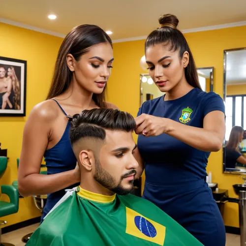 (super masterpiece:1.3), and, (ultra realistic:1.4), (ultra high quality:1.4), (Brazilian model:1.4), ((A hairdresser gives a client a haircut in a small salon in Brazil)), professional cosmetology and hairdressing tools, beautiful female hairdresser wearing ., (Brazilian model:1.2), client is a slim male soccer player with short hair. native brazilian art and a brazilian flag in the background. Sharp focus. 8K resolution. Hyper-detailed atmospheric perspective showing scale. amateur business website salon photography style.