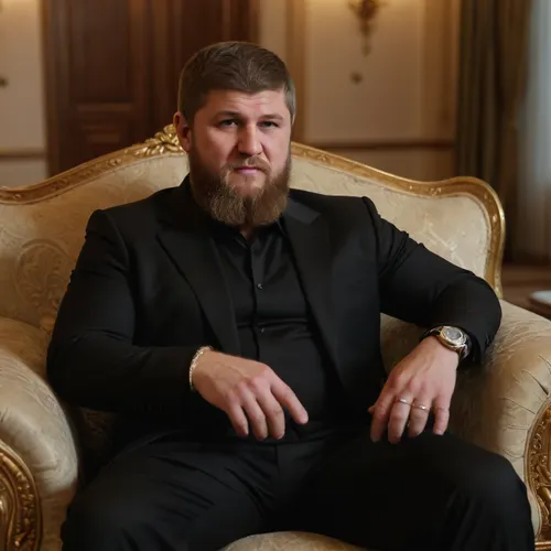 fat Ramzan Kadyrov sits on an expensive sofa in a luxurious palace in Grozny, (Ramzan Kadyrov hairstyle), (((very long beard))), He is wearing a very expensive Rolex watch and other accessories, dressed in the black clothing of Ramzan Kadyrov style, expensive diamond rings on her fingers, The face and hairstyle are completely consistent with Ramzan Kadyrov's appearance, 85 mm lens, 8K ultra detail, cinematic lighting, high dynamic range, natural colors, documentary realism
