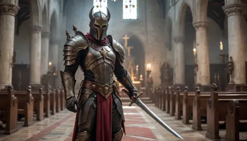 a small, demon hunter, big sword, in church, armor, full body, monroesweet, 4ng3l, face, <lora:Katerina_Kozlova_AKA_Monroe_Sweet_V3:.8>, <lora:SDXL_BetterFaces-LoRA_v1:.8>