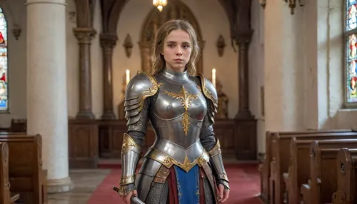 a small, female paladin, big sword, in church, armor, full body, monroesweet, 4ng3l, face, <lora:Katerina_Kozlova_AKA_Monroe_Sweet_V3:.8>, <lora:SDXL_BetterFaces-LoRA_v1:.8>