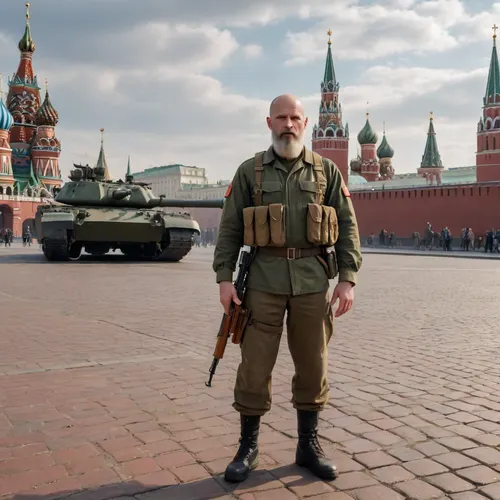 realistic cinematic full body photo of a tall, narrow-shouldered Ukrainian soldier dressed in a khaki Ukrainian field uniform, a yellow armband on his arm, an FPV drone in the sky, an M16 assault rifle in his hand, (shaved bald head, very long flowing beard), stand on top of a M1 Abrams tank, Red Square in Moscow, with Saint Basil’s Cathedral, the Spasskaya Tower of the Kremlin with its clock, the red-brick State Historical Museum, and the GUM department store visible in the background, wide open square, blood and dirt everywhere, corpses of Russian orcs around, explosions in the background, 85 mm lens, 8K ultra detail, cinematic lighting, high dynamic range, natural colors, documentary realism