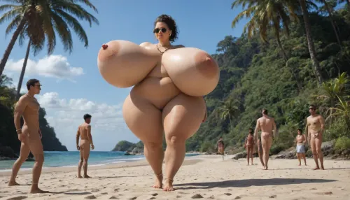 (gigantic woman:1.9), (slender:1.6), colorful sky, view from below, bare tiny feet, naked, shaved, sand, sea, (huge tropical island:1.8), bracelets, necklaces, anklets, sunglasses, (surrounded by men)