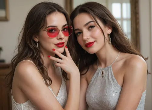The image shows a yo girl wearing a sleeveless gray dress with decorative details on the shoulders. She has long, wavy brown hair and is smiling while applying red lipstick. She holds a red lipstick in one hand and a compact mirror in the other, which is partially open. Red sunglasses rest on top of her head, and she has pinky-red nail polish, matching her lipstick. The background is plain and light-colored, emphasizing her as the focal point.