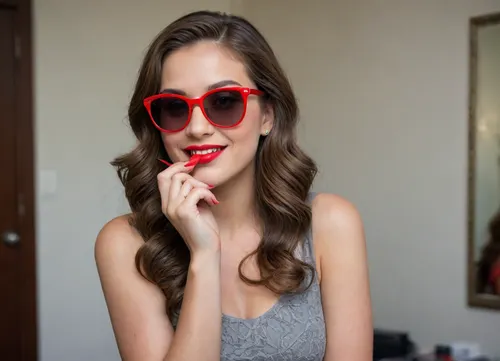The image shows a yo girl wearing a sleeveless gray dress with decorative details on the shoulders. She has long, wavy brown hair and is smiling while applying red lipstick. She holds a red lipstick in one hand and a compact mirror in the other, which is partially open. Red sunglasses rest on top of her head, and she has pinky-red nail polish, matching her lipstick. The background is plain and light-colored, emphasizing her as the focal point.