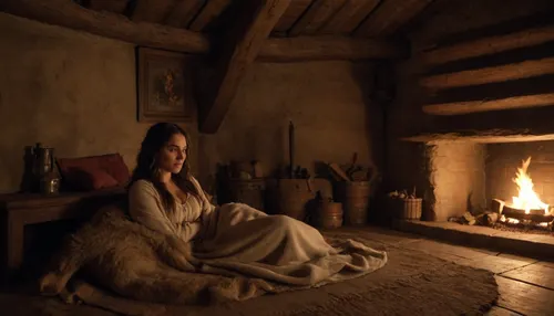 A woman resting inside a medieval-style, windowless hut, lying on a bearskin rug positioned near an open fireplace. The scene is set during a dark, moonless night, with flickering flames casting warm, dynamic light on her face and surroundings. She has long, flowing hair and wears simple, rustic clothing typical of medieval times. The interior is constructed of rough-hewn wooden beams and earthen walls, creating an authentic, cozy atmosphere. The fireplace is the primary source of illumination, illuminating her peaceful expression and highlighting the textured details of the bearskin and wooden interior. The scene is captured in a realistic, atmospheric style with rich, warm tones emphasizing the contrast between the dark night outside and the inviting glow within. The framing is intimate, focusing closely on the woman and the fireplace, with soft shadows and a moody, quiet ambiance that evokes a sense of solitude and medieval authenticity. The overall artistic direction combines elements of historical realism with a warm, rustic aesthetic. A woman resting inside a medieval-style, windowless hut, lying on a bearskin rug positioned near an open fireplace. The scene is set during a dark, moonless night, with flickering flames casting warm, dynamic light on her face and surroundings. She has long, flowing hair and wears simple, rustic clothing typical of medieval times. The interior is constructed of rough-hewn wooden beams and earthen walls, creating an authentic, cozy atmosphere. The fireplace is the primary source of illumination, illuminating her peaceful expression and highlighting the textured details of the bearskin and wooden interior. The scene is captured in a realistic, atmospheric style with rich, warm tones emphasizing the contrast between the dark night outside and the inviting glow within. The framing is intimate, focusing closely on the woman and the fireplace, with soft shadows and a moody, quiet ambiance that evokes a sense of solitude and medieval authenticity. The overall artistic direction combines elements of historical realism with a warm, rustic aesthetic.