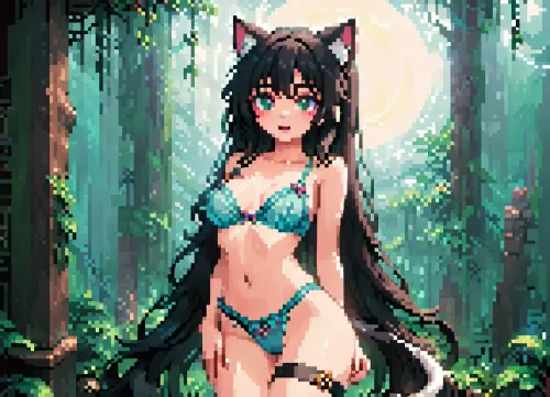 pixel art, pixelart pixel, art, <lora:ratatatat74-000050:1.3>, <lora:outline_xl_kohaku_delta_spv5x:1.8>, <lora:cartoon_stickers_xl_v1:.6>, <lora:NEOTOKIOXL_0.2_RC:.4>, <lora:pixel_stormXL:1>, Catgirl, black hair, straight hair, long hair, very long hair, cheerful, playful, naughty, cute, seductive cheeky, slim, fit body, posing, lingerie