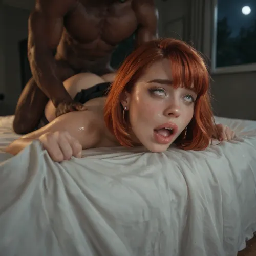 Diagonal Angle, full-body photo, (interracial), (night time:1), (dark room), (romantic lighting), (glistening skin:1.15), beautiful redhead, 22 yo, red hair, (pleasure, moaning:1.2), (ahegao face:1), bangs, bob cut, face down, full lips, thick lips, (blushing), topless, tight leather mini skirt, skirt pulled up, latex stockings, kawaii, (open mouth:1.1), makeup, shocked, (random sex position), fucked by huge cock, (veined cock:1), (cock touching pussy), white bed, window, masterpiece, ultra detailed face, award winning photo, movie, still, film, cinematic, shot, lighting, macro, 35mm, green, eyes, blue, brown, close, up, teeth, braces, <lora:KawaiiMakeupXLv2:1.2>, <lora:MJ52:1>, <lora:AdvancedEnhancerXLv2:.6>