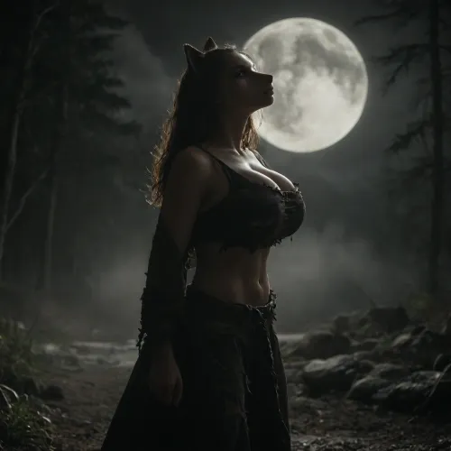 26 year old female, (wears tattered prisoner clothing:1.6), massive breasts, skinny, pants are pulled down, clothes are ripped so streds, standing in a forest, murky lighting, night, moon, profile view, full view, staring up at the moon, head tilted very far back, back heavily arched, howling at the moon, wolf paws and tail, wolf ears, cloudy, smoke, atmospheric, clouds, fog, <lora:dark:.1>, <lora:Cloudy_Style:.7>
