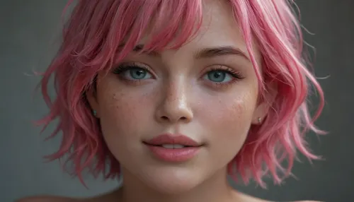 19 years old, Asian girl, slanted eyes, short straight hair, well made up, freckles on the cheeks, prostitute makeup, happy face, provocative face, hrglw, glow, pink neon, long, hair, very, <lora:glowing_hair-000006:.8>, <lora:eGirls_XL_v1:.8>, <lora:LiquidCloud_液流云_SDXL_V1:.8>, <lora:435733_training_data:.8>, <lora:pinkhair_SDXL-000004:.8>