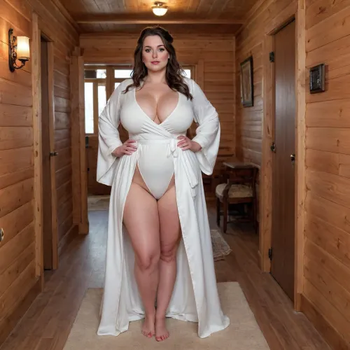 big woman, voluptuous, curvy, wide hips, full body, perfect face, no makeup, Colossal Tits, massive tits, Brunette, Blue Eyes, Bun haircut, french, black lingerie, white robe, non-nude, log cabin hallway, standing, hands in front, <lora:681678_training_data:.9>, <lora:bboobs-000005:.5>, <lora:Milana_Vayntrub:.6>