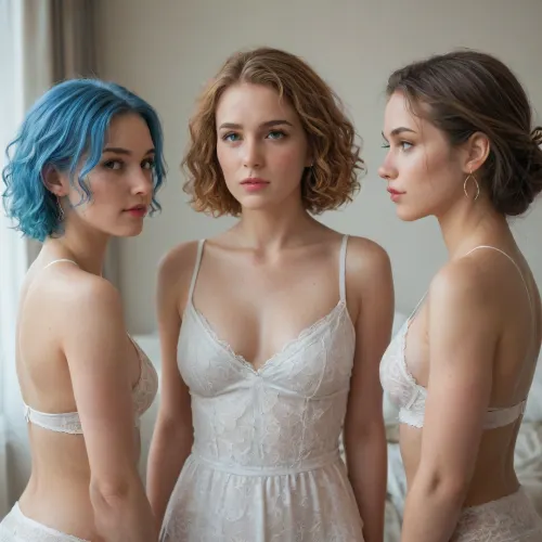 Three women.

1. A blonde woman with short, curly, bobbed hair is standing sideways with her knees slightly bent.

2. A redhead with short, bobbed hair is kneeling in front of the blonde woman.

3. A blue-haired woman with short, bobbed hair is kneeling behind the blonde woman.