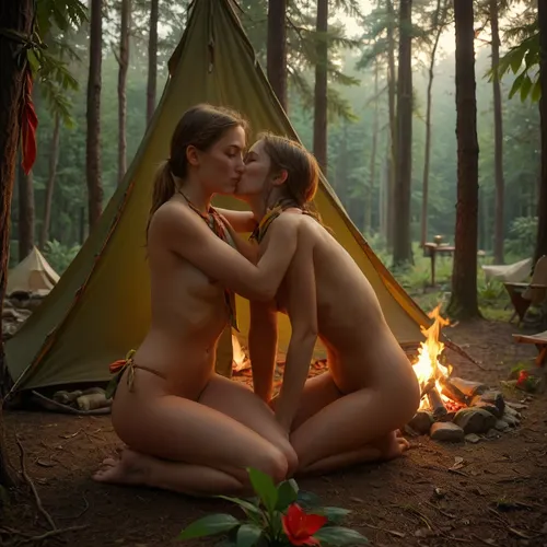 two female scouts, in a tent, kissing, in love, desire, longing, passion, nude, in the jungle, camp fire beside tent, flat chested, parrot, no makeup, ((scout tie)), <lora:c4mp1ng:1>, <lora:flat_chested_v3.5:1>, <lora:jungl3:.8>