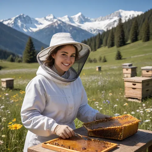 Prompt, A hyperrealistic portrait of a radiant, olive-skinned beekeeper in her mid-twenties with dark, curly brown hair peeking out from under her pristine white beekeeping hat. She wears a finely tailored, light beige beekeeping suit and stands confidently in a sun-drenched alpine meadow. She smiles gently, her eyes focused on a small, ornate wooden table laden with assorted honey jars, a honeycomb, and a delicate silver honey spoon. In the background, vibrant wildflowers and majestic snow-capped mountains are visible beneath a clear blue sky. The scene is bathed in a warm, golden light that highlights the textures of the honey, the suit, and the meadow. The composition is a medium shot with exceptional clarity and sharpness, capturing every minute detail without noise or blurriness. The atmosphere conveys serenity and warmth, evoking natural beauty and the sweetness of the honey tasting experience, with a style that combines realism with a touch of idyllic romance, ([perfect hand, higt resolution, 8k], , )