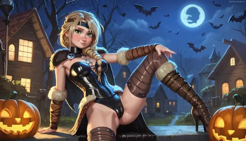 how to train your dragon, astrid hofferson, contrapposto pose, tight sexy Halloween costume, cameltoe, night, Halloween
