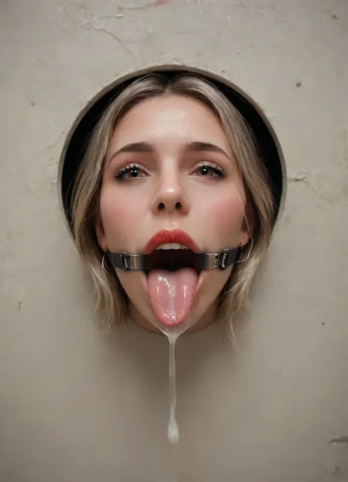 (futuristic space station:1.1), (top view:1.4), ((lower body hidden in a silver bdsm machine:1.7)), ((sticking through the wall:1.7)), (mouth sticking out of a comfortable bdsm machine:1.7), (only mouth visible:1.7), ., (gag with a wide mouth expander ring:1.7), (focus on the very wide open mouth:1.7), (happy:1.7), (thin false red lips:1.6), (rounded tongue at the end:1.5), (light pink flat wide tongue:1.6), ((very long tone:1.7)), (lots of liquid cum in mouth:1.5), (white teeth:1.2), (cum on face:1.3), (backlight, directed at the throat:1.4), free use, (sperm everywhere, near the head:1.1), (sexuality:1.4), (very satisfied), (large colored inscriptions on the wall), (perfect composition of light and shadows:1.1), (tip of tongue clamped in a clamp:1.5), (masterpiece:1.3), professional color photography, ray tracing, high resolution, zavy-hlbckdrp, hole, through, foreground, <lora:zavy-hlbckdrp-sdxl:.8>