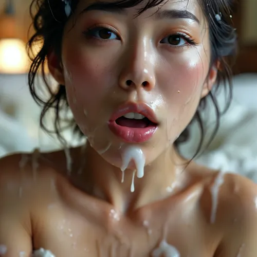 30 year old female japanese queen, covered in thick white realistic cum, sexy expression, orgasm, orgasm face, Mouth half open, tongue on lip, eyes half closedwoman, cum, on, face, <lora:MJ52:.3>, <lora:BUT_SDXL_SHS:1.3>, <lora:add-detail-xl:.7>, <lora:CinematicStyle_v1:2>, <lora:JustCum:1.5>