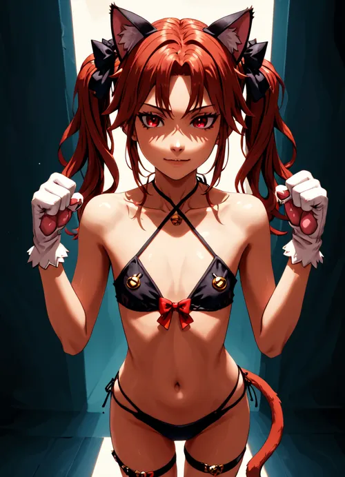 masterpiece, (masterpiece:1.2), (flatchest:2), toaru_kagaku_no_railgun toaru_majutsu_no_index, (((shirai_kuroko))), 1girl animal_ears animal_hands bell bikini black_bikini bow breasts brown_eyes brown_hair cat_ears cat_tail criss-cross_halter fake_animal_ears fake_tail fang frilled_thigh_strap gloves hair_bow halterneck long_hair navel neck_bell paw_gloves paw_pose red_bow simple_background skin_fang small_breasts solo swimsuit tail thigh_strap twintails, Animated Nightmare Style, (<lora:AnimatedNightmaresStyle:1.4>), 3d, style, render, (<lora:3d_render_style_xl:1.4>)