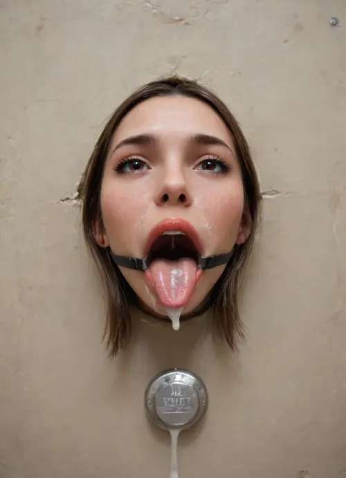(futuristic space station:1.1), (top view:1.4), ((lower body hidden in a silver bdsm machine:1.7)), ((sticking through the wall:1.7)), (mouth sticking out of a comfortable bdsm machine:1.7), (only mouth visible:1.7), ., (gag with a wide mouth expander ring:1.7), (focus on the very wide open mouth:1.7), (happy:1.7), (thin false red lips:1.6), (rounded tongue at the end:1.5), (light pink flat wide tongue:1.6), ((very long tone:1.7)), (lots of liquid cum in mouth:1.5), (white teeth:1.2), (cum on face:1.3), (backlight, directed at the throat:1.4), free use, (sperm everywhere, near the head:1.1), (sexuality:1.4), (very satisfied), (large colored inscriptions on the wall), (perfect composition of light and shadows:1.1), (tip of tongue clamped in a clamp:1.5), (masterpiece:1.3), professional color photography, ray tracing, high resolution, zavy-hlbckdrp, hole, through, foreground, <lora:zavy-hlbckdrp-sdxl:.8>