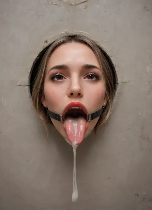 (futuristic space station:1.1), (top view:1.4), ((lower body hidden in a silver bdsm machine:1.7)), ((sticking through the wall:1.7)), (mouth sticking out of a comfortable bdsm machine:1.7), (only mouth visible:1.7), ., (gag with a wide mouth expander ring:1.7), (focus on the very wide open mouth:1.7), (happy:1.7), (thin false red lips:1.6), (rounded tongue at the end:1.5), (light pink flat wide tongue:1.6), ((very long tone:1.7)), (lots of liquid cum in mouth:1.5), (white teeth:1.2), (cum on face:1.3), (backlight, directed at the throat:1.4), free use, (sperm everywhere, near the head:1.1), (sexuality:1.4), (very satisfied), (large colored inscriptions on the wall), (perfect composition of light and shadows:1.1), (tip of tongue clamped in a clamp:1.5), (masterpiece:1.3), professional color photography, ray tracing, high resolution, zavy-hlbckdrp, hole, through, foreground, <lora:zavy-hlbckdrp-sdxl:.8>