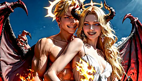 Two fantastic beings having sex, one, A NUDE female angel with large gray wings, delicate white gown, golden halo, glowing aura, fair skin, blonde hair, blue eyes, angelic face, seraphim or archangel appearance. The other one is a FULLY NUDE male demon with dark skin, black horns, sharp claws, fangs, red eyes, large bat-like wings unfolded behind him, demonic horns, smirking evil grin, fiery sky backdrop, epic fantasy artwork, highly detailed, dramatic lighting, cinematic pose, intense action scene, digital painting, ultra-realistic, 4k resolution, masterpiece work of art.
They are both having passionate sex in a dimly lit bedroom, the man is leaning over the woman, supporting his weight on his arms, while they are both fully naked. the woman have huge tits and is laying on her back with her legs wrapped around the man's hips. both individuals have very fit athletic bodies with defined muscles, the man is thrusting into the woman forcefully, while she moans and wraps her arms around his neck. their faces show expressions of pure ecstasy as they become one. intimate close-up, high-quality photorealism, soft ambient lighting, dramatic shadows, focus on the intimate connection between the couple, deep focus on genitals during intercourse, in the heat of passion, steamy sweatiness, wetness, realistic details, masterpiece, 8k resolution, film grain, bokeh effect, realistic skin texture, body details, natural hair, jewelry, eye contact, flirty glancest, both having orgasm