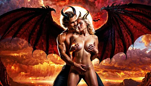 Two fantastic beings having sex, one, A NUDE female angel with large gray wings, delicate white gown, golden halo, glowing aura, fair skin, blonde hair, blue eyes, extrahuge tits, angelic face, seraphim or archangel appearance. The other one is a FULLY NUDE male demon with dark skin, black horns, sharp claws, fangs, red eyes, large bat-like wings unfolded behind him, demonic horns, smirking evil grin, fiery sky backdrop, epic fantasy artwork, highly detailed, dramatic lighting, cinematic pose, intense action scene, digital painting, ultra-realistic, 4k resolution, masterpiece work of art.
They are both having passionate sex in a dimly lit bedroom, the man is leaning over the woman, supporting his weight on his arms, while they are both fully naked. the woman have huge tits and is laying on her back with her legs wrapped around the man's hips. both individuals have very fit athletic bodies with defined muscles, the man is thrusting into the woman forcefully, while she moans and wraps her arms around his neck. their faces show expressions of pure ecstasy as they become one. intimate close-up, high-quality photorealism, soft ambient lighting, dramatic shadows, focus on the intimate connection between the couple, deep focus on genitals during intercourse, in the heat of passion, steamy sweatiness, wetness, realistic details, masterpiece, 8k resolution, film grain, bokeh effect, realistic skin texture, body details, natural hair, jewelry, eye contact, flirty glancest, both having orgasm