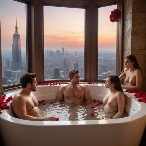 Three godlike figures, handsome men with defined chests and different skin tones, completely naked, all with large foreskins, perfect faces, all perfectly sexy, all seated in a huge luxury bathtub with clear water and red rose petals, with three goddess-like women sitting on them with plus-size bodies having sex in the huge luxury bathtub, a place with a window overlooking the night city, with a flat-screen TV on, a luxury bathtub in a luxurious location in gold, rustic, and stone colors, penetration.