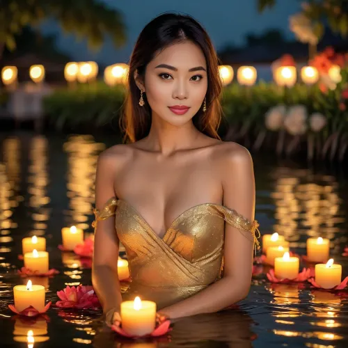 beautiful sexy slender 29 year-old THAI woman, elegant, seductive, ((thai lady)), 29 years old, loy krathong, <lora:Midjourney Image Enhancer XL v1:.8>, <lora:attractive_notrigger:.4>, <lora:Rawfully Stylish v0.2_epoch_20:.2>, L0y, Kr4th0ng, F3st1v4l, oil, painting, river, candles, flowers, glow, <lora:Loy_Krathong_Festival:.8>