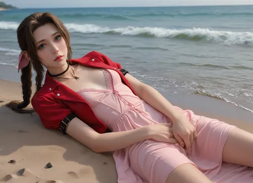 (Masterpice), (HD4K visual), (detailed background), 4K ultra-detailed image, HDR, enhancement, professional photography, precise anatomy, (perfect symmetry, 5 fingers per hand), realistic textures, maximum resolution, sharp focus, NSFW, picture, Aerith Gainsborough from Final Fantasy VII wearing a, ((long pink dress)), exhausted expression, athletic body, black and a short red jacket, hairy pussy, small breasts, perky pointed gumdrop nipples, wet clothes, laying down, legs spread, hard-core fingering herself, washed up on shore, wide shot, on a beach, waves in backgrownd, sunny, day time, sun beaming down, incase, style, ratatatat74, defaerith, braided, ponytail, hair, bow, pink, choker, necklace, cropped, jacket, red, short, sleeves, dress, long, altaerith, very, ribbons, drill, star, ballgown, bare, shoulders, strapless, plunging, neckline, <lora:287175_training_data:1.4>, <lora:ratatatat74-000050:1.4>, <lora:aerith-xl-nvwls-v1:1.4>, <lora:add-detail-xl:2>