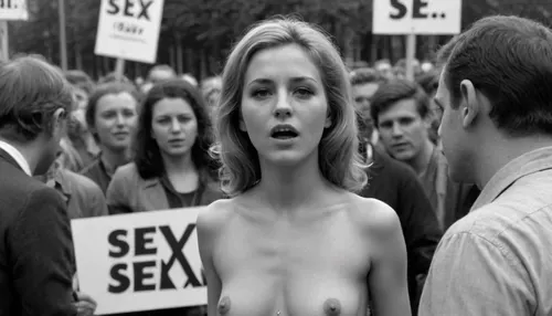 A symbolic image representing the right decisions in life, Berlin 1970, happy demonstration on street, (Monochrome image:1.4), 22 years old woman, (perfect face:1.2), spontaneous, (standing sex:1), during the demonstration, many people, (demonstration signs for "sex":1.6), free mind, sexual revolution, (groupsex:1.2), (orgy:1.4), best quality, ultra-detailed, cinematic lighting, smoking weed, cannabis, Ultra-realistic porn art, highly detailed, cinematic moody lighting, tense but charismatic atmosphere, (crowd of people:1.3)