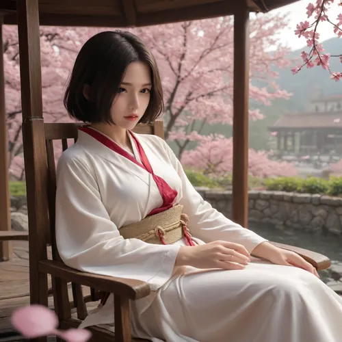 Japanese female warrior with perfect face and body, dark hair, in typical samurai uniform, sitting on an ornate wooden chair in an outdoor Japanese landscape near Mount Fuji during cherry blossom season, pink petals falling gently, with drawn samurai sword in attack-ready position held in her hands, perfect hands, perfect fingers, five fingers per hand, dynamic and elegant pose, highly detailed, realistic style, cinematic lighting, 8k resolution