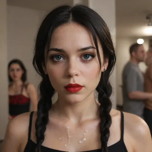 facing camara, 1 girl solo, sppoky moonlight mansion in distance, (intricate detailed Wednesday Addams face), intensely proud expression, (huge dark eyes with detailed black iris:1.2), dark bllod red lipstick detailed high collar buttoned black gothic top, very long very thick black briaded pigtails hair, several strings of thick lumpy white cum splashed across her face, after messy bukkake, several strings of thick lumpy white cum splashed over her hair, cum dripping, high detail, sharp focus, perfect lighting, awesome, dslr, 4k high quality. extra detail, extra sharp, magical, perfect moment, natural skin, pores, w3dn3sd4y, <lora:Wednesday-Jenna SDXL1.0:.8>