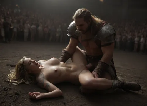 extremely realistic, ((Wide angle shot, 35mm lens)), UHD 8K, extreme realism, maximum detail, ((in gladiator arena)), ((defeated blonde viking woman fucked by a muscular gladiator in armour)), missionary, eyes closed, (many spectators in the arena's bleacher:1.5), (she is wearing viking armor:1.3), (mouth open:1.3), ((show full body)), crowd watching, hard dick penetrating her from above, she cries and moans, show nipples, roman era, huge dick, dick, realistic eyes, intricately detailed eyes, intricately detailed face, 4k, photorealistic, orgasmface, unaestheticXL_cbp62, <lora:dark:.3>, <lora:CinematicStyle_v1:1.4>, <lora:orgasmface_SDXL:.5>, <lora:add-detail-xl:.6>
