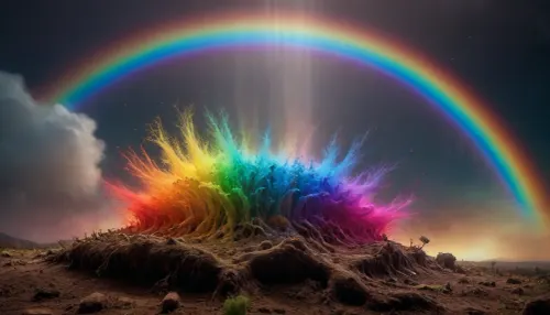 (mycelium network), hmiracle, rainbow light circeled in open universe, orbit, rainbow storm, rainbow fire, rainbow air, rainbow earth