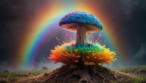 (mycelium), miracle, rainbow light circeled in open universe, orbit, rainbow storm, rainbow fire, rainbow air, rainbow earth