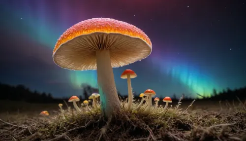 look to microscope, (glowing mycelium, mushroom storm), miracle, rainbow light circeled in open universe, orbit, rainbow storm, rainbow fire, rainbow air, rainbow earth