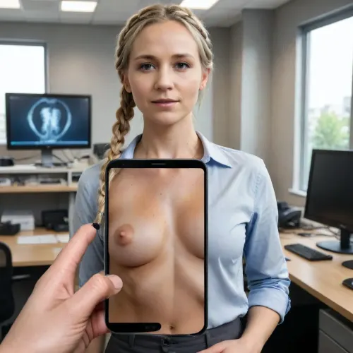 (((full body))), sexy blond, braids, flat chested, flatchested, social worker in an office, fully dressd, x-ray mobilephone is in front of the body, casual 32 yo, majikfone, <lora:Magikfone_XL_0.4:1.8>