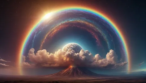 (orbit of eart), hmiracle, rainbow light circeled in open universe, orbit, rainbow storm, rainbow fire, rainbow air, rainbow earth