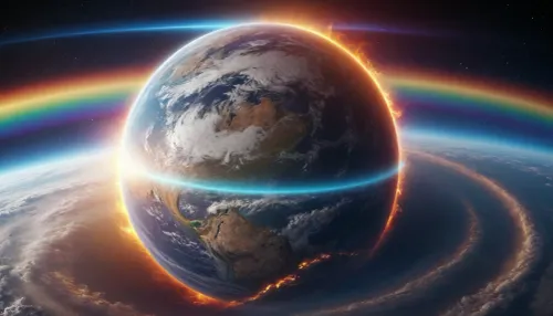 (orbit of eart), hmiracle, rainbow light circeled in open universe, orbit, rainbow storm, rainbow fire, rainbow air, rainbow earth