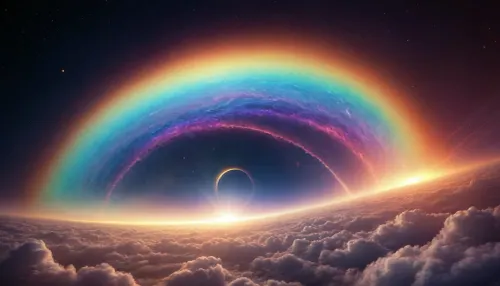 (orbit of eart), hmiracle, rainbow light circeled in open universe, orbit, rainbow storm, rainbow fire, rainbow air, rainbow earth