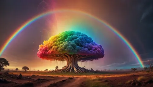 (mycelium network), hmiracle, rainbow light circeled in open universe, orbit, rainbow storm, rainbow fire, rainbow air, rainbow earth