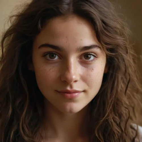 beautiful brunette 20 year old with cute big eyes, mild freckles and pimples, interesting face, unusual face, some blushing, think faded lips, nubian nose, very longhair, rough messy hair, brown eyes, nice smile, cute ears, (white pale skin:.8)